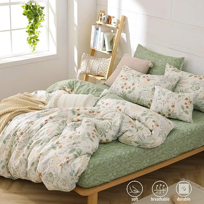 Natural Cotton 3pcs Botanical Comforter Sets Queen Size-Green Comforter with Red & Blue Flowers,Gray Leaves on Off-White, Reversible Lightweight Bedding Sets(Full/Queen)