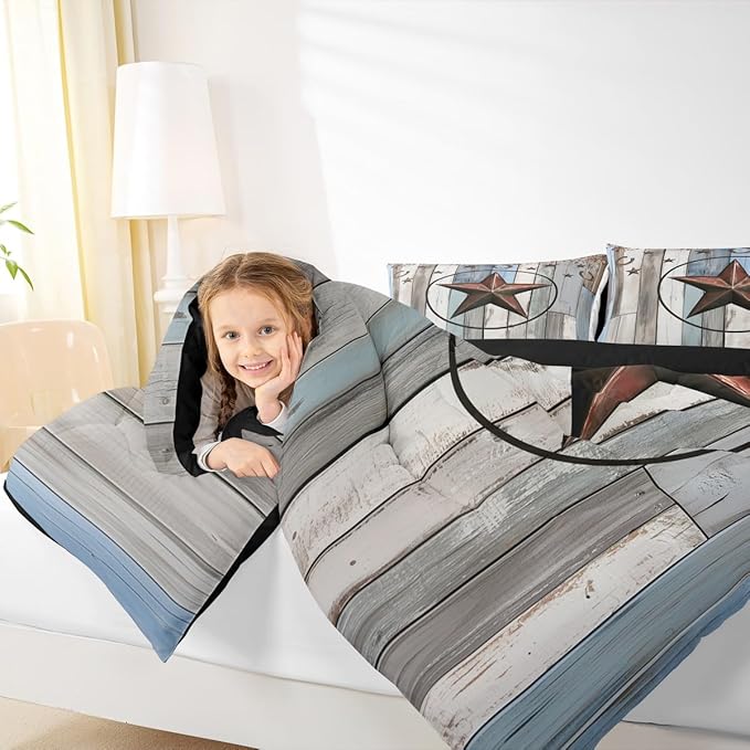Erosebridal Western Texas Star Comforter Set, Rustic Farmhouse Bedding Set Twin Size, Retro Cowboy Quilt for Kids Teens Adult Men Bedroom, Country Wooden Door Duvet Insert Western Home Decor