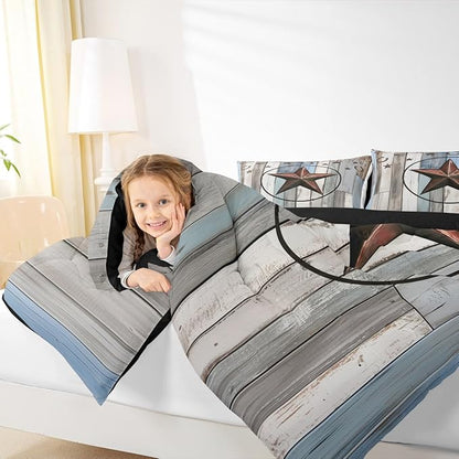 Erosebridal Western Texas Star Comforter Set, Rustic Farmhouse Bedding Set Toddler Size, Retro Cowboy Quilt for Kids Teens Adult Men Bedroom, Country Wooden Door Duvet Insert Western Home Decor