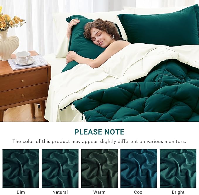 MUXHOMO 7 Pieces King Comforter Set, Reversible Bed in a Bag King Size, All Season Bedding Set with Comforter, Flat Sheet, Fitted Sheet, Pillowcases & Shams, Peacock Blue & Ivory