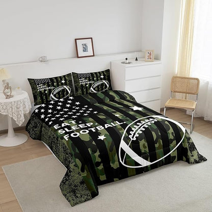 Feelyou King Football Bedding Set for Kids Toddler Camo American Flag Comforter Set for Boys Girls Rugby Sports Comforter Teens Soccer Duvet Set Microfiber Bed Set