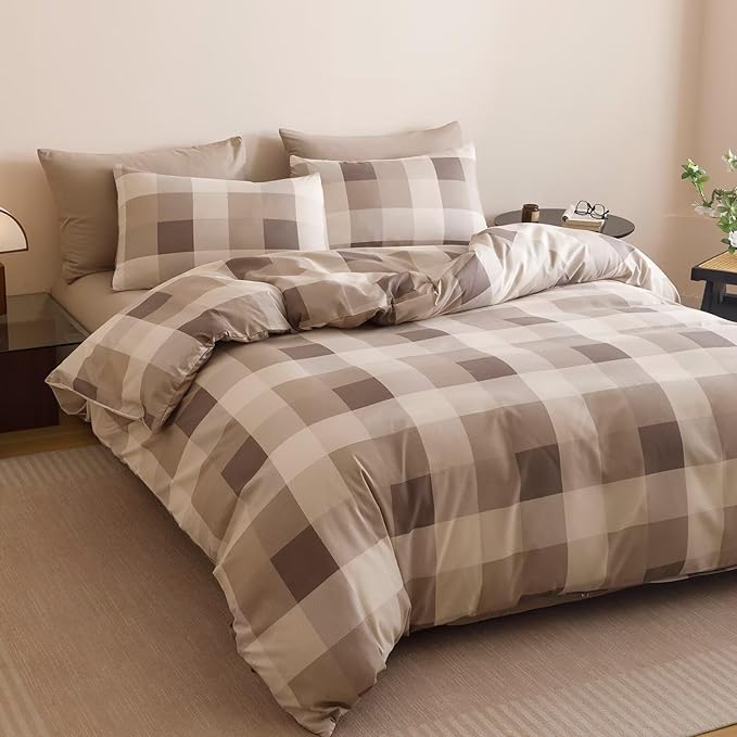 Cottonight Checkered Khaki Comforter Set Twin Gingham Grid Bedding Set Khaki and Cream Coffee Grid Comforter Fluffy Soft Bedding Set Kids Teens Twin Comforter with 2 Pillowcases