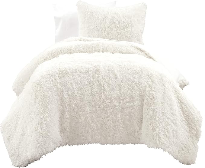 Lush Decor Emma Faux Fur Comforter 2 Piece Set Twin XL Ivory - Dorm Bedding Twin XL Comforter - Cream Comforters - College Dorm Essentials