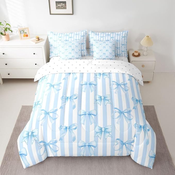 Erosebridal Bow Girls Cute White Blue Full Comforter Set 7 Pieces | Bowknot Kawaii Bed in A Bag for Bedroom Stripe Bedding Set with Comforters Geometric Room Decor