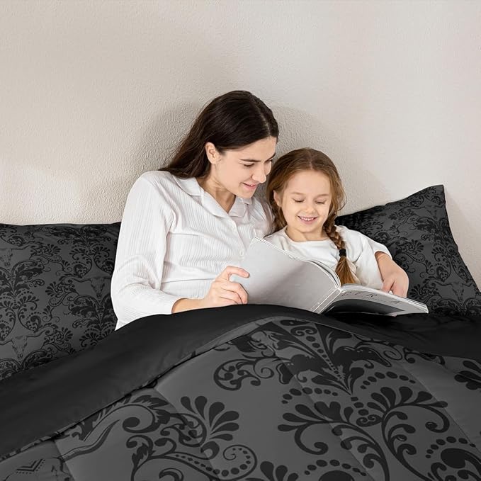 Erosebridal Gothic Damask Bed in a Bag King Size Comforter Set 7 Pieces,Longhorn Skull Bedding Sets Black Grey Victorian Floral Goth Sheet Set with Comforter