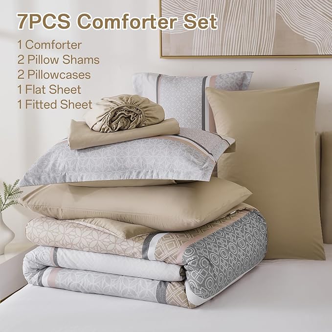 WONGS BEDDING Beige Comforter Set King Size,7 Pieces Striped Bed in a Bag Comforter and Sheet Set,Patchwork Soft Lightweight Micorfiber Bedding Set for All Seaon (90"×104")