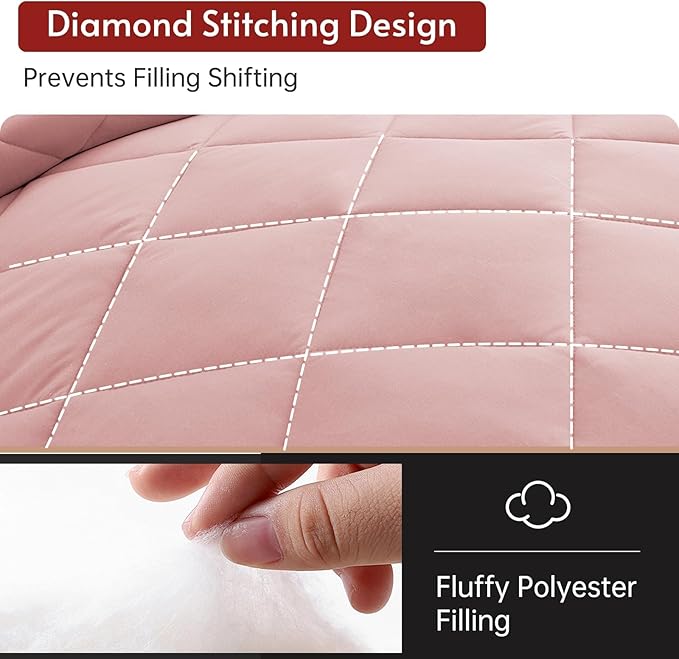 MUXHOMO 7 Pieces Queen Comforter Set, Reversible Bed in a Bag Queen Size, All Season Bedding Set with Comforter, Flat Sheet, Fitted Sheet, Pillowcases & Shams, Pink & Light Grey
