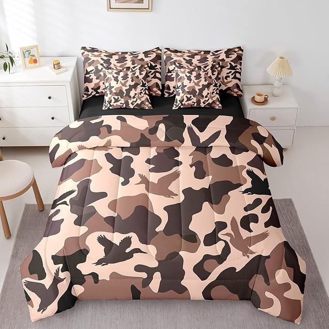 Erosebridal Duck Hunter 7 Piece Bed Set Full Size Camo Bedding for Kids Girls Army Camouflage Hunting Bed in A Bag Sheet Set Vintage Pink Brown Bedroom Decor Wild Animal Duck Farmhouse Comforter Set