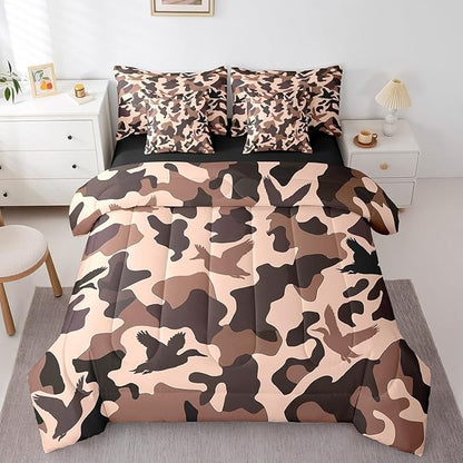 Erosebridal Hunting 7 Pcs Bed Set Queen Size Camouflage Bedding for Kids Girls Army Wild Duck Bed in A Bag Sheet Set Vintage Pink Brown Bedroom Decor Wild Animal Duck Farmhouse Comforter Set