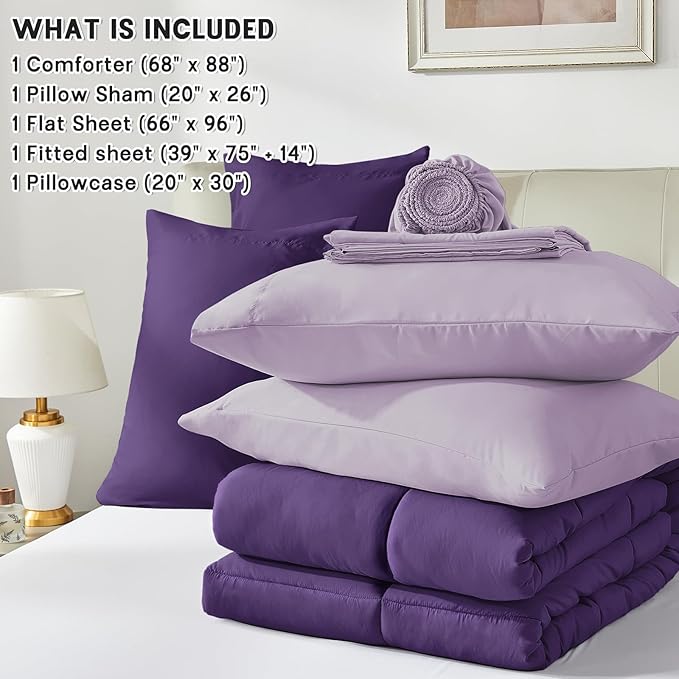 Anluoer Twin Comforter Set,Dark Purple&Light Purple Bed in a Bag 5 Piece,Lightweight Bedding Set with Down Alternative Fill,Bed Set Includes Comforter, Fitted Sheet, Flat Sheet,Pillowcase and Sham