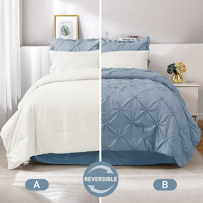 JOLLYVOGUE Queen Comforter Set 7 Pieces, Light Blue/Ivory Bed in a Bag Comforter Set for Bedroom, Bedding Comforter Sets with Comforter, Sheets,Ruffled Shams & Pillowcases