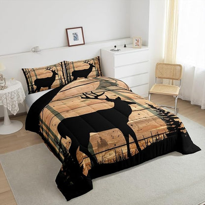 Feelyou Deer Moose Print Comforter Set Queen for Girls Women Teens Adult, Kids Boys Bear Hunting Theme Bedding Set, Forest Wild Animal Comforter Soft Quilt Set, with 2 Pillowcase 3pcs Bedding