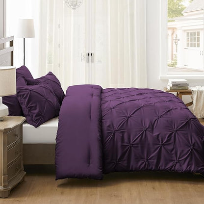 UNIKOME King Size Comforter Set Purple - Ultra Soft Boho Pintuck Down Alternative Bedding Set for All Seasons, 3 Pieces Lightweight Warm Pinch Pleat Bed Set with Comforter, 2 Pillowcases