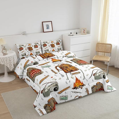 Feelyou Camping Comforter Set Queen Size Camper Comforter Accessories for Travel Trailers Bedding Set Camping Backpack Print Duvet Set Room Decor Jade White Quilt Set