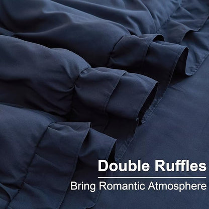 Navy Blue Comforter Sets for All Seasons Twin XL Duvet Insert Ruffled Pinch Pleated 3 Pieces Washed Bed Quilt Set Solid Pintuck Soft Lightweight Bedding Set with 1 Comforter and 2 Pillowcases