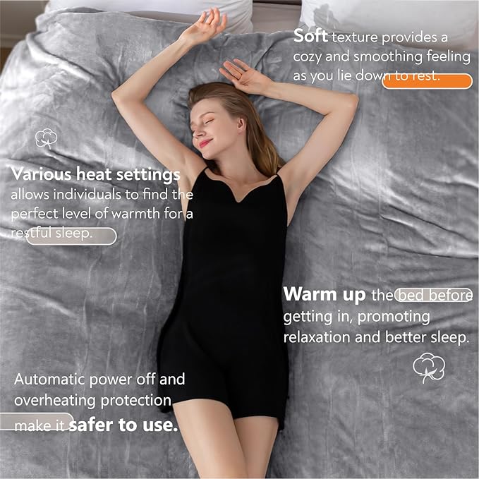 Wapaneus Heated Blanket Electric Blanket 62" x 84" Twin Size with 10 Heating Levels and 12 Hours time Settings, Flannel Fast-Heating Electric Blanket, ETL Listed, Machine Washable,Light Grey