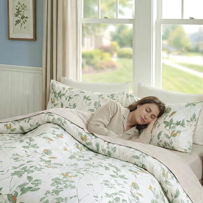Floral Comforter Set King Size 100% Cotton Comforter Green Floral Bedding Comforter Set 3 Pcs Ultra Soft and Easy Care Reversible Lightweight Bedding Sets