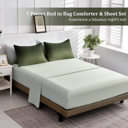 7 Pieces Olive Green King Comforter Set - Lightweight Gradient Dark Green Bed in a Bag Set, All Season Down Alternative Complete Bedding Set with Flat/Fitted Sheet, 2 Pillowcases and 2 Pillow Shams