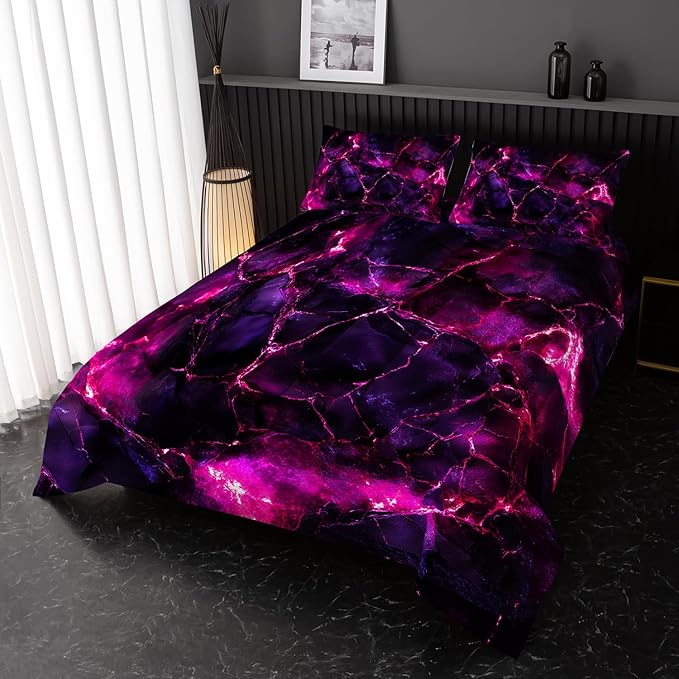 Pink Comforter Set King Size，Pink Marble Bedding Set 3 Pcs Bedding for Adults, Marble Room Decor with Comforter and 2 Pillowcases Soft and Lightweight B-Side Black