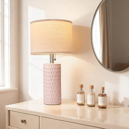 20.5" Modern Ceramic Table Lamps for Bedroom Set of 2, Bedside Lamps for Night Stands with Beige Lampshade, Farmhouse Table Lamp for Living Room Office Dorm, Pink