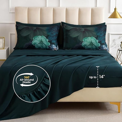 WONGS BEDDING Floral Comforter Set Queen Size, 7 Pieces Teal Bed in a Bag Comforter Bedding Set, Soft Microfiber for All Season with Pillowcases & Shams,Sheets(90"×90")