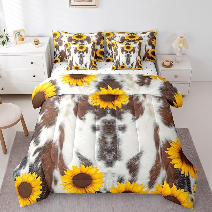 Erosebridal 7 Pcs Cow Print Comforter Set Full Size,Sunflower Cow Bed in a Bag with Flat Sheet and Fitted Sheet for Kids and Adults,Farm Cowhide Flower Bedding Set with Pillowcases and Cushion Cases