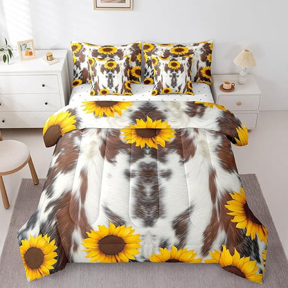 Erosebridal 7 Pcs Cow Print Comforter Set Full Size,Sunflower Cow Bed in a Bag with Flat Sheet and Fitted Sheet for Kids and Adults,Farm Cowhide Flower Bedding Set with Pillowcases and Cushion Cases