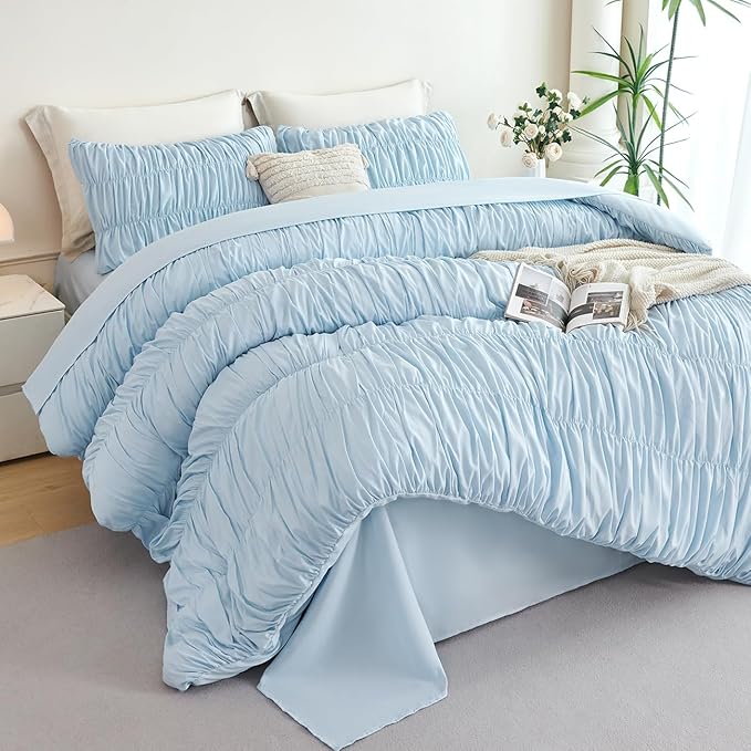 PERFEMET King Size Bed in a Bag Light Blue 5 Pieces Fluffy Boho Ruched Comforter with Sheets Luxury Soft Pleated Texture Bedding Comforter Set All Season Lightweight Vintage Ruffle Bed Sets, 104"x90"