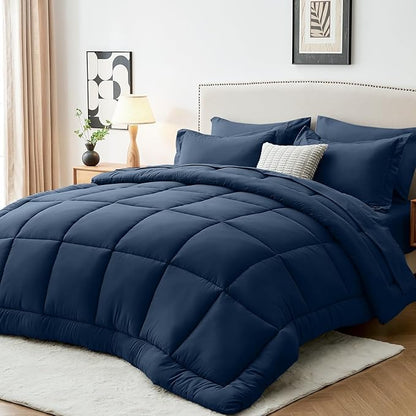 Sasttie King Size Comforter Set, 7 Pieces Bed in a Bag King, Complete Bedding Set Includes Comforter, Flat Sheet, Fitted Sheet, Pillowcases and Pillow Shams, Navy