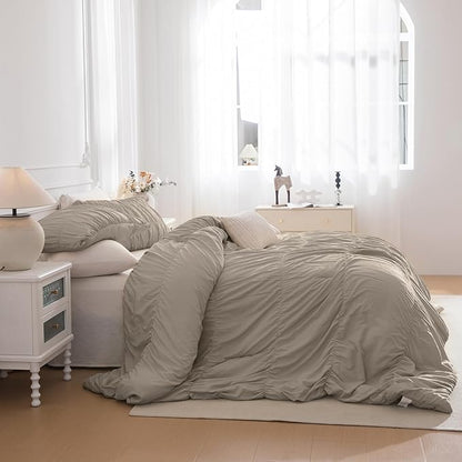 Masaca Oversized King Comforter 128x120,Linen Like Textured Ruched Shabby Boho Chic Bedding Comforter Set,3Pcs Extra Large King Size Ruffle Luxury Fluffy Bedroom Comforter Sets Lightweight