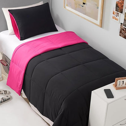 Reversible Box Stitch Comforter Set, 3-Piece Full/Queen – Hot Pink/Black – Stylish Bedding Set