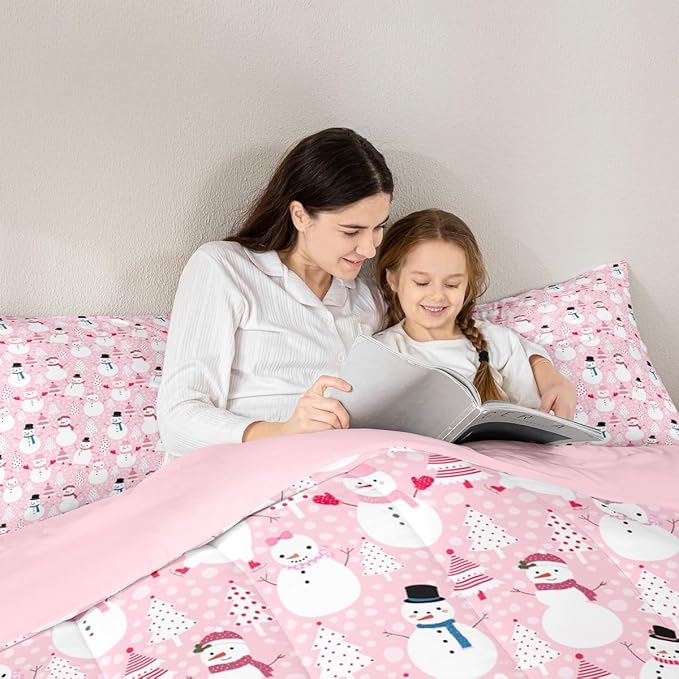 Castle Fairy Merry Christmas Bed Comforter Set Queen Size,Cartoon Pink Dreamy Super Soft Microfiber Bedding Set for Adults Teens,Snowman Christmas Tree Comforter Set,2 Pillowcases