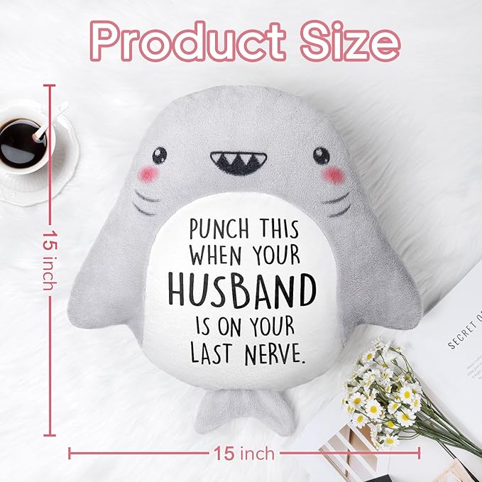 Valentines Day Gifts for Wife- Cute Shark Pillow- Wife Anniversary Birthday Gifts from Husband, Birthday/Bridal Shower Friend Gift for Women, Gag/White Elephant Gift for Adults, 15”×15”