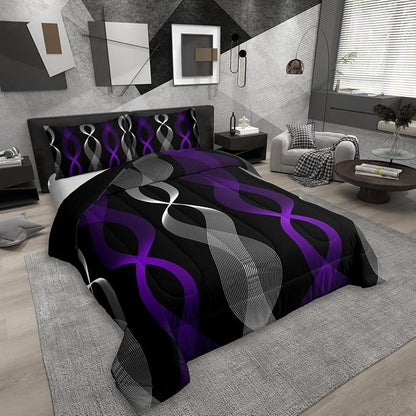 Erosebridal Purple and Black Comforter Set Toddler,Boho Abstract Purple Striped Bedding Set, Modern Aesthetic Wavy Line Comforter, Contemporary Gradient Geometric Stripes Quilt for Men Adults Bedroom