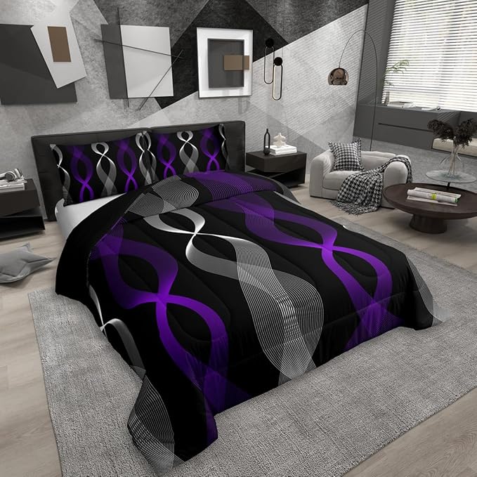 Erosebridal Purple and Black Queen Comforter Set,Boho Abstract Purple Striped Bedding Set, Modern Aesthetic Line Comforter, Contemporary Gradient Geometric Stripes Quilt for Men Adults Boys Bedroom
