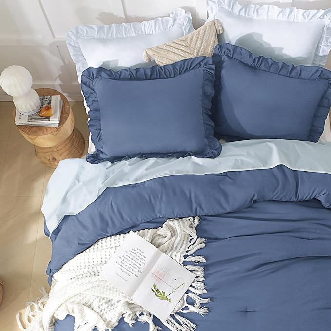 Andency Ocean Blue Comforters Queen Size, 3 Pieces Solid Shabby Chic Farmhouse Bedding Comforters & Sets, Lightweight Fluffy All Season Soft Down Alternative Bed Set for Women Men