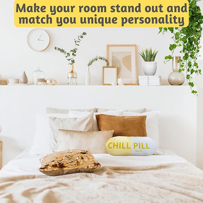 Chill Pill Pillow - Preppy Cute Trendy Room Decor Aesthetic Throw Pillows, Funny College Dorm Teenager Y2K Teacher Doctor Nurse Lawyer Student Friend Sister Birthday for her (Yellow)