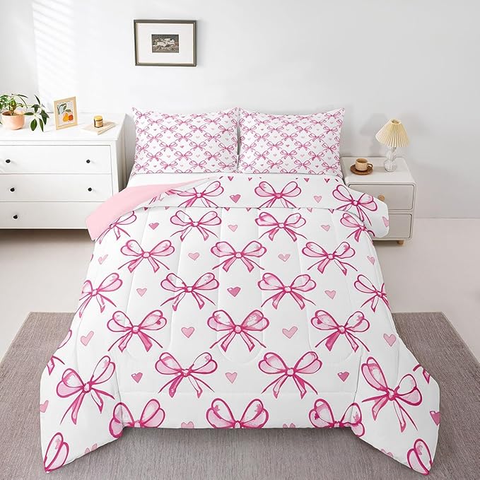 Pink Bow Girlish Kids Comforter Set Full Size,Bowknot Love Heart Hand Paint Cute Bedding Set,Girls Women Room Decor,Princess Style Bow Tie Down Comforter,Girly Romantic Duvet Insert,2 Pillowcases