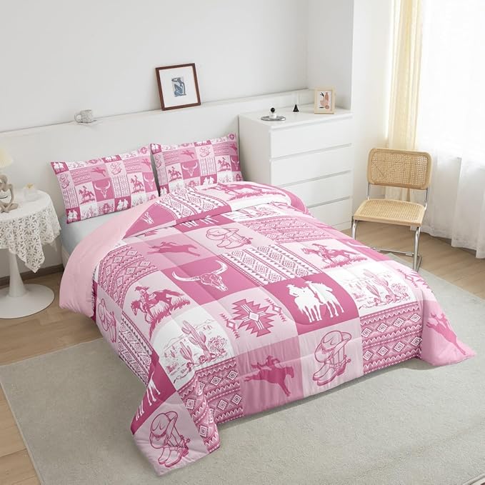 Western Comforter Set Twin Size,Pink Cowboy Cowgirl Bedding Sets for Kids Girls Boys Women Room Decor,Bull Skull Aztec Tribal Pattern Quilt Set Pink Striped Patchwork Gird Duvet Insert 2Pcs