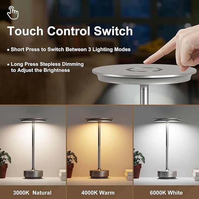 Rechargeable 2 Pack Cordless Table Lamps, 5000mAh Portable LED Table Light, 3 Color Stepless Dimming Battery Powered Metal Table Lamp for Outdoor Patio/Bedroom/Camping.(Silver)