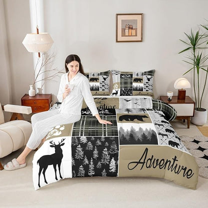 Rustic Cabin Comforter Set For Men, Farmhouse Country Bear Moose Bedding King Size, Forest Vintage Wood Decor Quilt Hunting Camping Adventure Themed Bedding Comforter Sets Bear Decor For Home