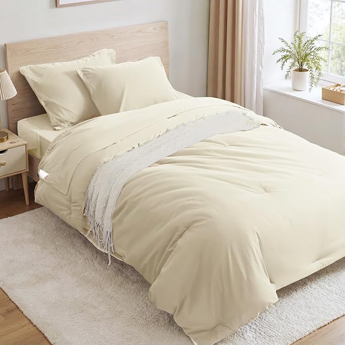 Anluoer Cream Twin Comforter Set 5 Pieces, Bed in a Bag with Sheets, All Season Bedding Sets with 1 Comforter, 1 Pillow Sham, 1 Pillowcase, 1 Flat Sheet, 1 Fitted Sheet