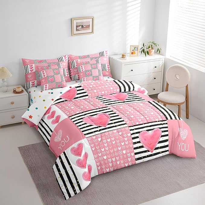 Feelyou Twin Size Girls Like Cartoon Cute Comforter Set with Sheets Boys Girls Pink Heart-Shaped 7 Piece Bedding Set for Adult Black Pink Romantic Bed in a Bag Geometric Bed Set
