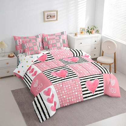 Feelyou Full Size Girls Like Cartoon Cute Comforter Set with Sheets Boys Girls Pink Heart-Shaped 7 Piece Bedding Set for Adult Black Pink Romantic Bed in a Bag Geometric Bed Set