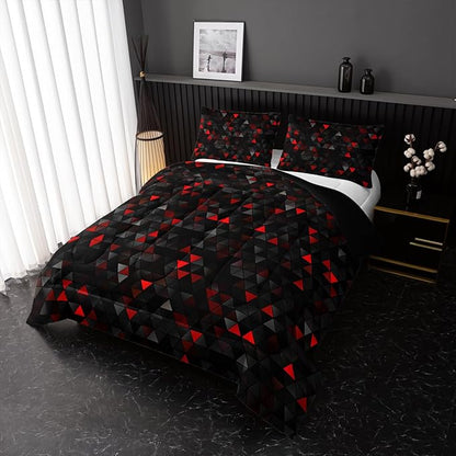 Geometric Red Black Comforter Set,Triangle Honeycomb 3 PCS Bedding Set King Size for Teen Adult,Modern Quilt Set Geometry Decor,Microfiber Lightweight 1 Comforter 2 Pillowcases