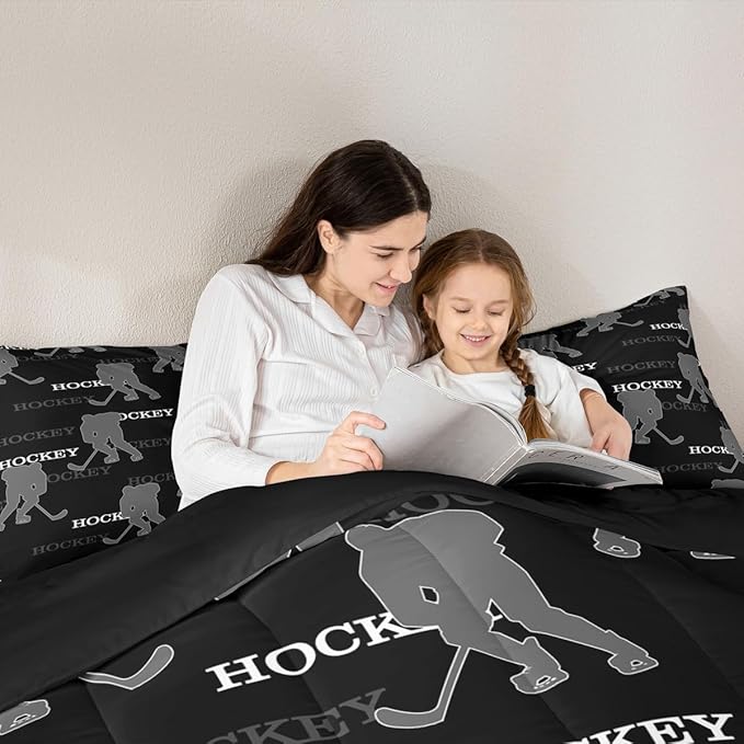 Ice Hockey Comforter Set King Size, Kids Bedding Set,Winter Sports Modern Quilt Comforter,Black Gray Duvet Insert,2 Pillowcases