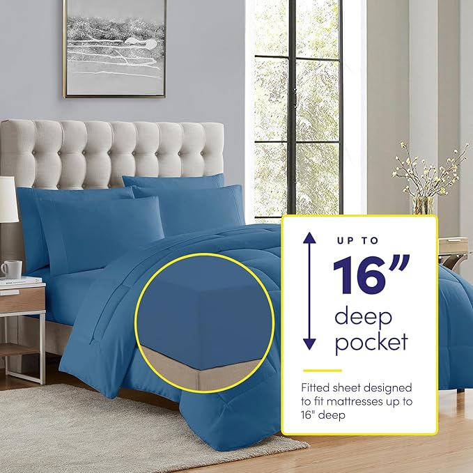 Sweet Home Collection 7 Piece Comforter Set Bag Solid Color All Season Soft Down Alternative Blanket & Luxurious Microfiber Bed Sheets, Denim, Full