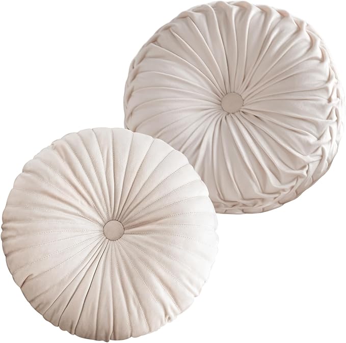 2 Pcs Round Throw Pillows Pleated Velvet Pumpkin Round Pillows Floor Cushion for Living Room Couch Chair Bed Sofa 15.7"x15.7"/13.8" x 13.8" (Beige)