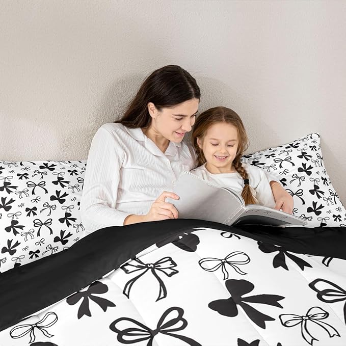 Erosebridal Black Bow Bedding Set Cute Coquette Bowknot Comforter Set Twin Size for Kids Girls Teen,Black Watercolor Bow Bedding Comforter Sets Modern Simple Fashion Aesthetic Bed Set