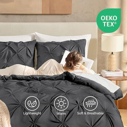 Andency Dark Grey Pinch Pleat Comforter Full(79x90Inch), 3 Pieces(1 Down Alternative Comforter and 2 Pillowcases) Grey Bed Set Microfiber Pintuck Bedding Set